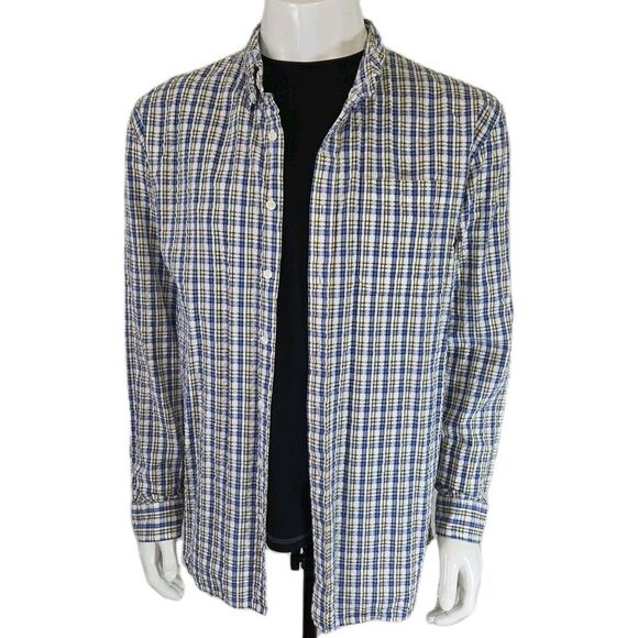 LL Bean Seersucker Textured Shirt Blue Yellow Plaid Button Down Men's LT - Picture 1 of 13